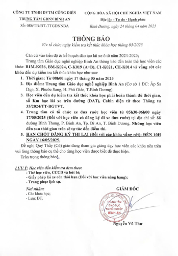 Lịch thi kết thúc khóa tháng 5/2025